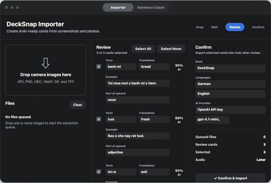 DeckSnap reviewing extracted vocabulary cards before importing them into Anki